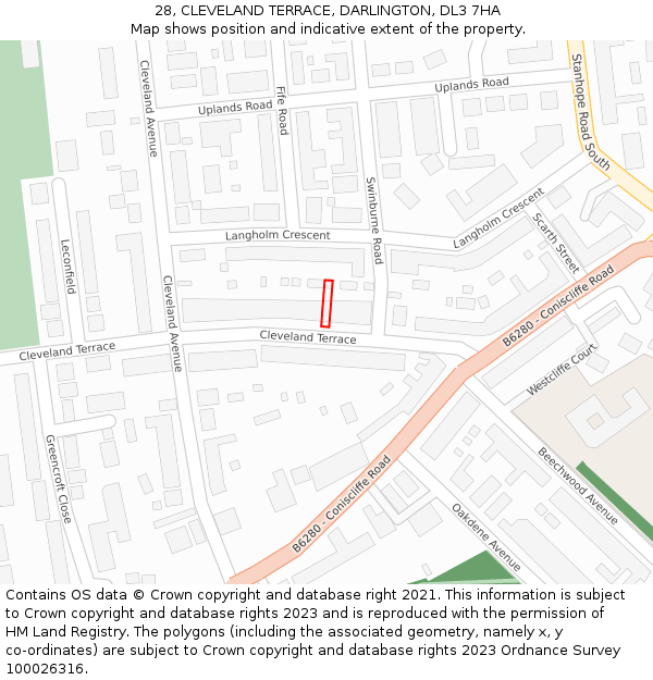 28, CLEVELAND TERRACE, DARLINGTON, DL3 7HA: Location map and indicative extent of plot
