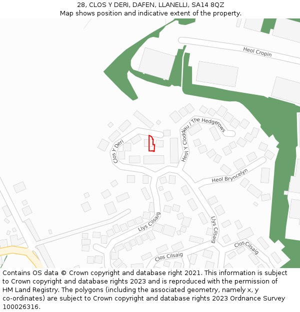 28, CLOS Y DERI, DAFEN, LLANELLI, SA14 8QZ: Location map and indicative extent of plot