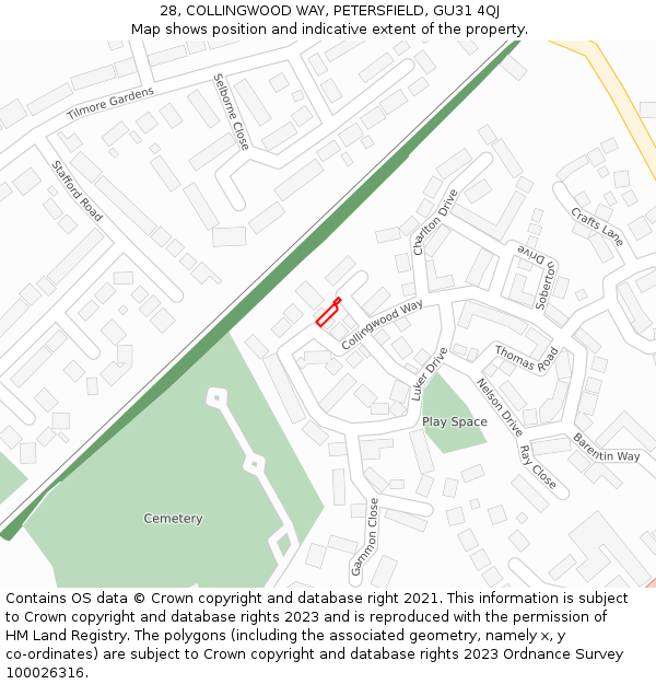 28, COLLINGWOOD WAY, PETERSFIELD, GU31 4QJ: Location map and indicative extent of plot
