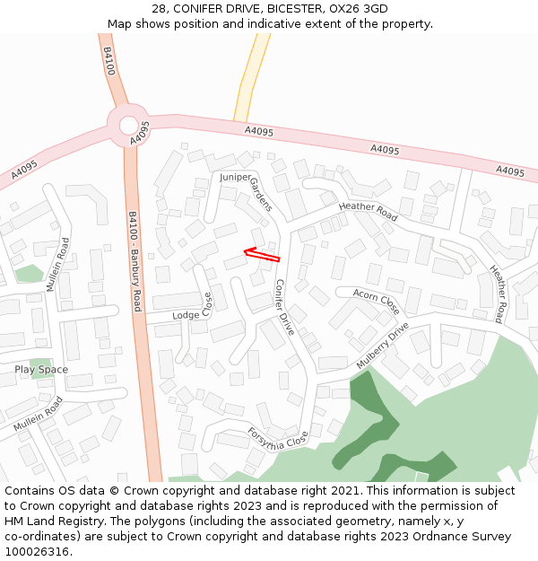 28, CONIFER DRIVE, BICESTER, OX26 3GD: Location map and indicative extent of plot