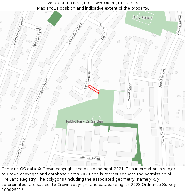 28, CONIFER RISE, HIGH WYCOMBE, HP12 3HX: Location map and indicative extent of plot