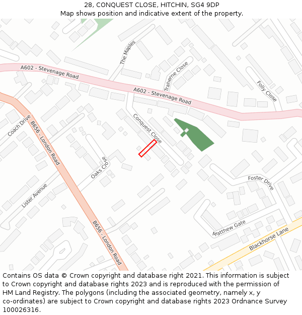28, CONQUEST CLOSE, HITCHIN, SG4 9DP: Location map and indicative extent of plot