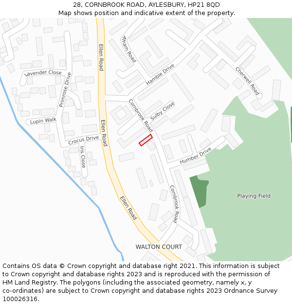 28, CORNBROOK ROAD, AYLESBURY, HP21 8QD: Location map and indicative extent of plot