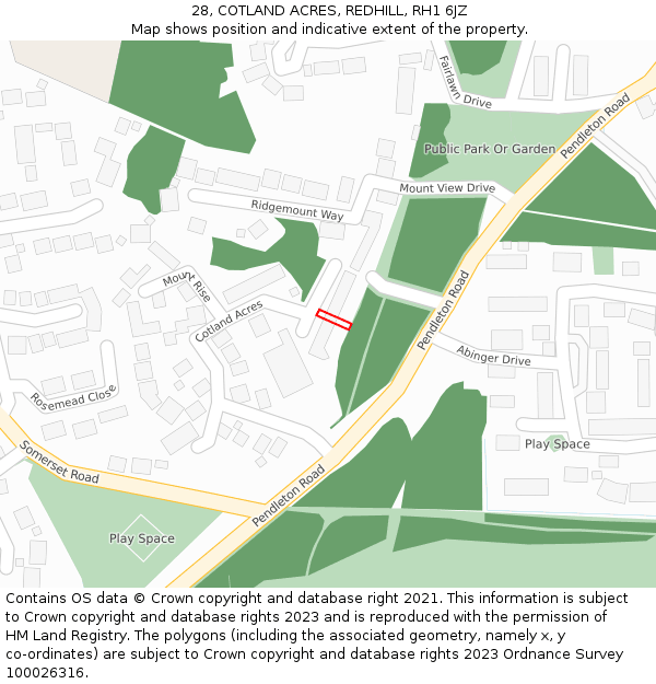 28, COTLAND ACRES, REDHILL, RH1 6JZ: Location map and indicative extent of plot