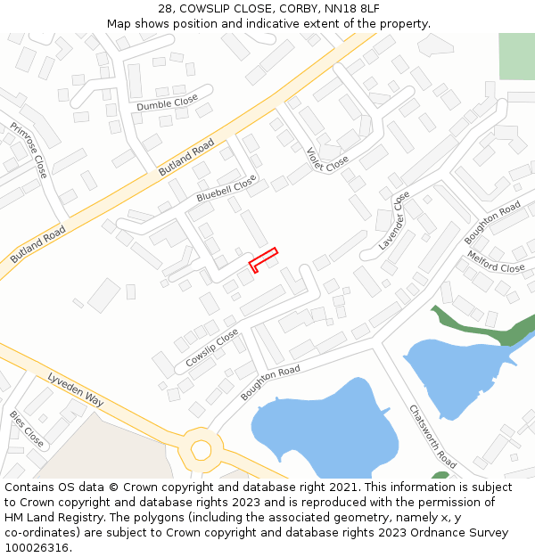 28, COWSLIP CLOSE, CORBY, NN18 8LF: Location map and indicative extent of plot