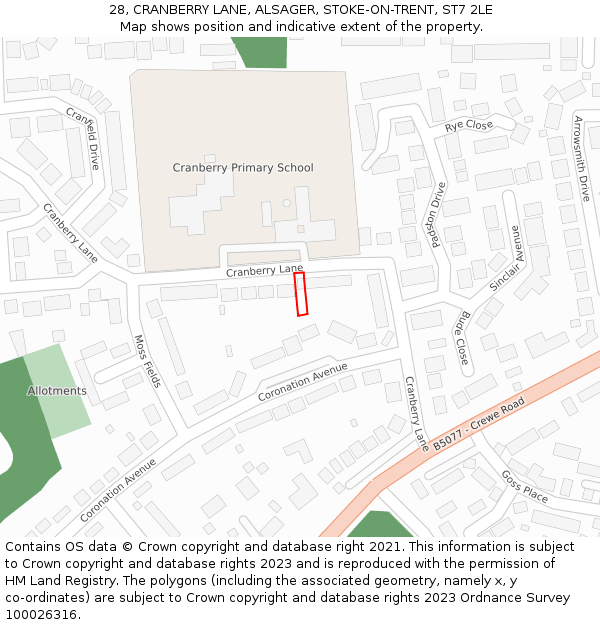 28, CRANBERRY LANE, ALSAGER, STOKE-ON-TRENT, ST7 2LE: Location map and indicative extent of plot