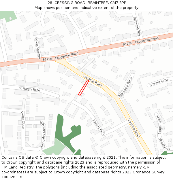28, CRESSING ROAD, BRAINTREE, CM7 3PP: Location map and indicative extent of plot