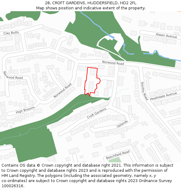 28, CROFT GARDENS, HUDDERSFIELD, HD2 2FL: Location map and indicative extent of plot