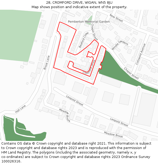 28, CROMFORD DRIVE, WIGAN, WN5 8JU: Location map and indicative extent of plot