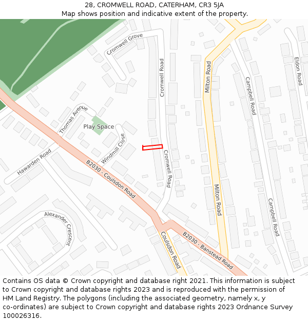 28, CROMWELL ROAD, CATERHAM, CR3 5JA: Location map and indicative extent of plot