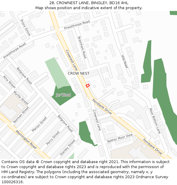 28, CROWNEST LANE, BINGLEY, BD16 4HL: Location map and indicative extent of plot