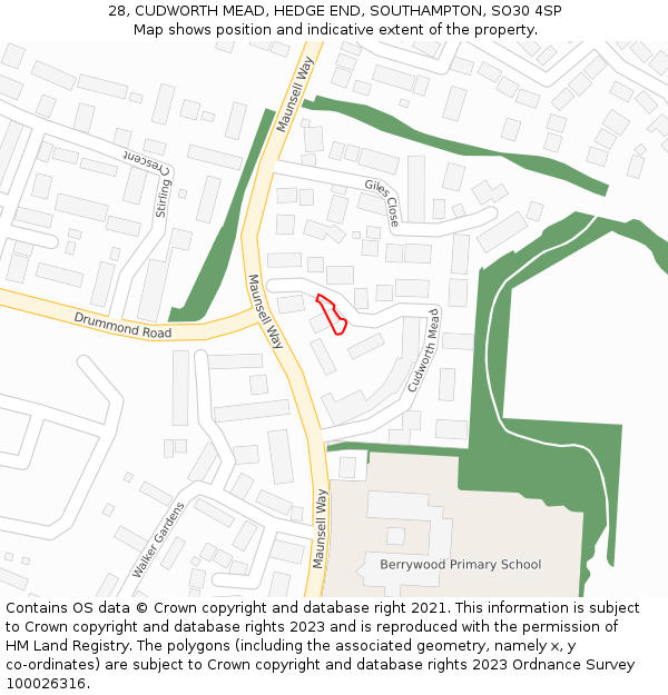 28, CUDWORTH MEAD, HEDGE END, SOUTHAMPTON, SO30 4SP: Location map and indicative extent of plot