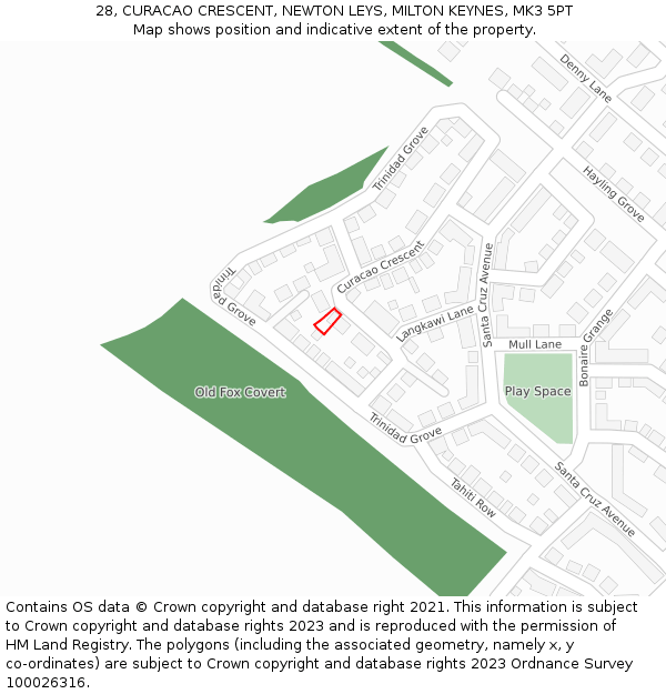 28, CURACAO CRESCENT, NEWTON LEYS, MILTON KEYNES, MK3 5PT: Location map and indicative extent of plot