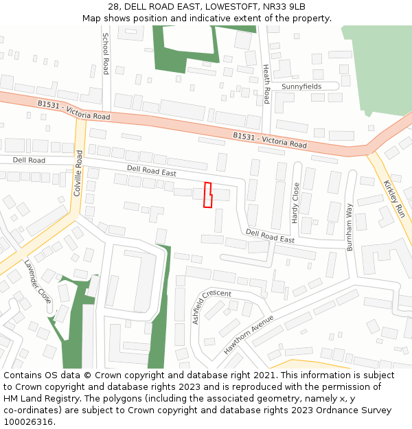 28, DELL ROAD EAST, LOWESTOFT, NR33 9LB: Location map and indicative extent of plot