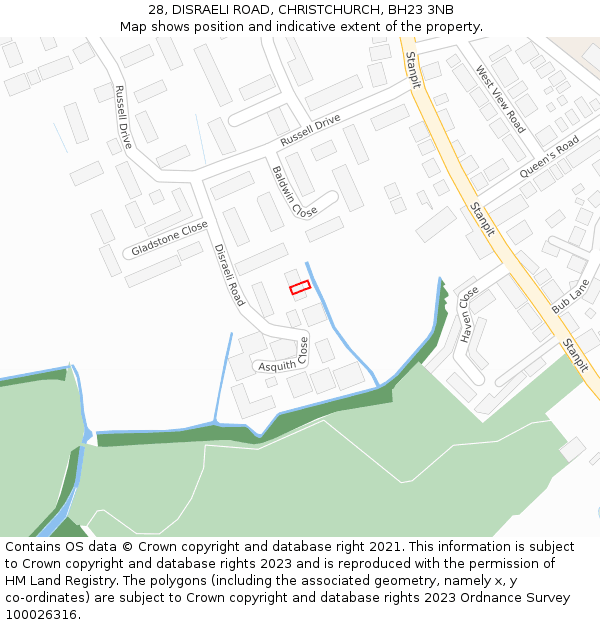 28, DISRAELI ROAD, CHRISTCHURCH, BH23 3NB: Location map and indicative extent of plot