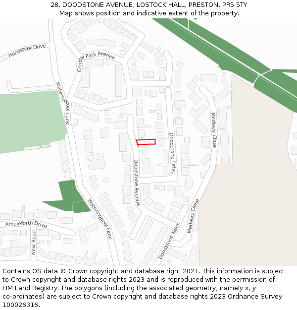 28, DOODSTONE AVENUE, LOSTOCK HALL, PRESTON, PR5 5TY: Location map and indicative extent of plot