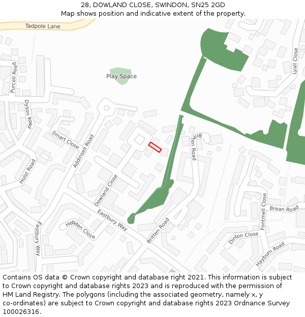 28, DOWLAND CLOSE, SWINDON, SN25 2GD: Location map and indicative extent of plot