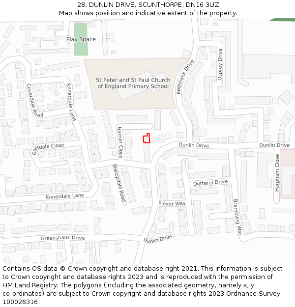 28, DUNLIN DRIVE, SCUNTHORPE, DN16 3UZ: Location map and indicative extent of plot