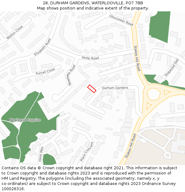28, DURHAM GARDENS, WATERLOOVILLE, PO7 7BB: Location map and indicative extent of plot