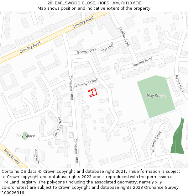 28, EARLSWOOD CLOSE, HORSHAM, RH13 6DB: Location map and indicative extent of plot