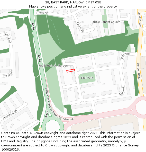 28, EAST PARK, HARLOW, CM17 0SE: Location map and indicative extent of plot