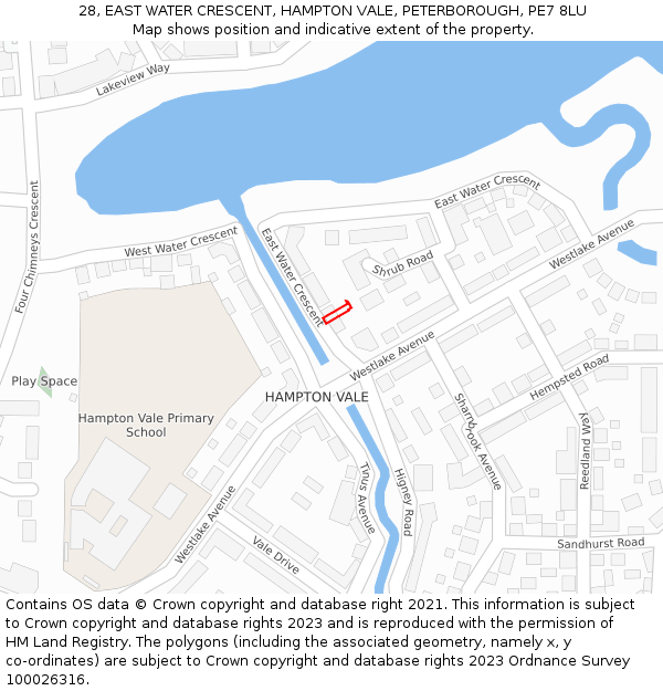 28, EAST WATER CRESCENT, HAMPTON VALE, PETERBOROUGH, PE7 8LU: Location map and indicative extent of plot