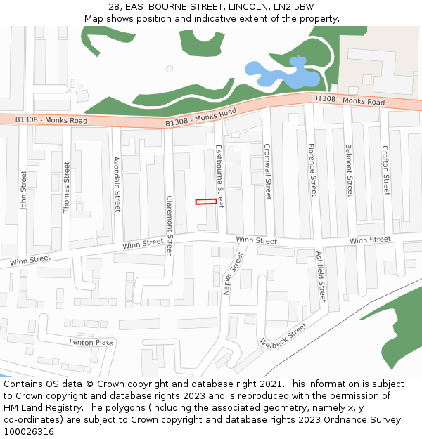 28, EASTBOURNE STREET, LINCOLN, LN2 5BW: Location map and indicative extent of plot