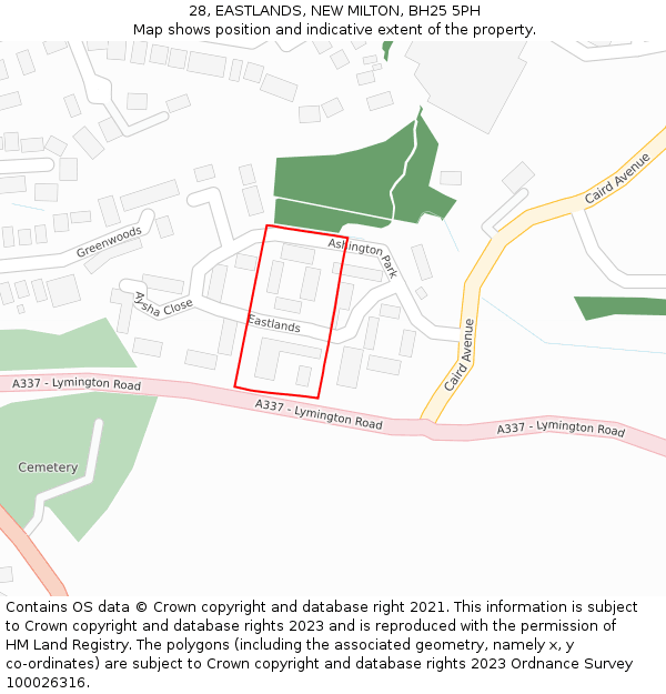 28, EASTLANDS, NEW MILTON, BH25 5PH: Location map and indicative extent of plot