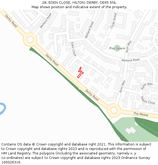 28, EDEN CLOSE, HILTON, DERBY, DE65 5NL: Location map and indicative extent of plot