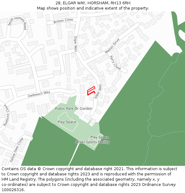 28, ELGAR WAY, HORSHAM, RH13 6RH: Location map and indicative extent of plot