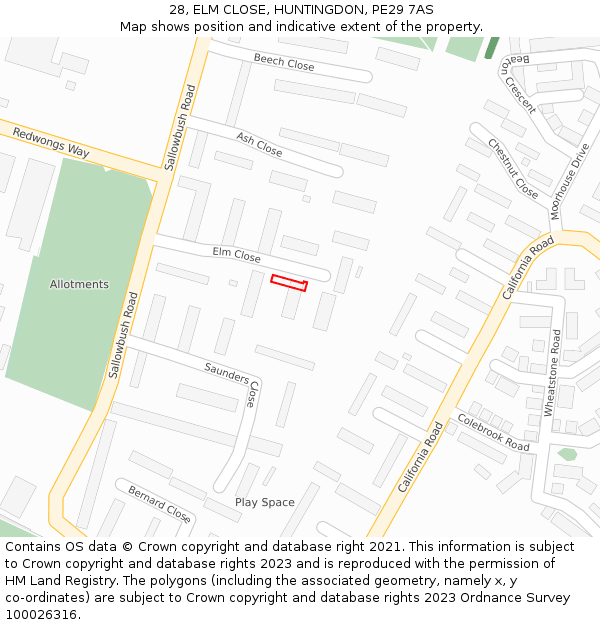 28, ELM CLOSE, HUNTINGDON, PE29 7AS: Location map and indicative extent of plot