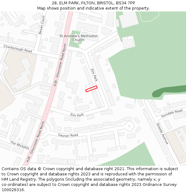 28, ELM PARK, FILTON, BRISTOL, BS34 7PP: Location map and indicative extent of plot