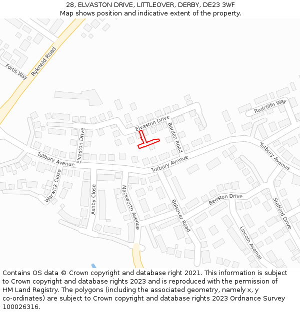 28, ELVASTON DRIVE, LITTLEOVER, DERBY, DE23 3WF: Location map and indicative extent of plot