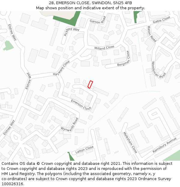 28, EMERSON CLOSE, SWINDON, SN25 4FB: Location map and indicative extent of plot