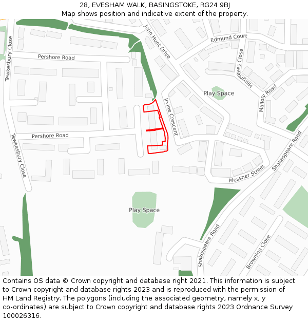 28, EVESHAM WALK, BASINGSTOKE, RG24 9BJ: Location map and indicative extent of plot