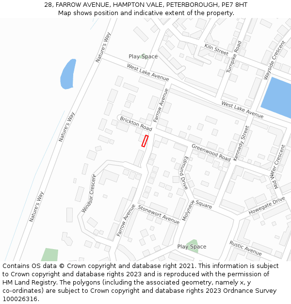 28, FARROW AVENUE, HAMPTON VALE, PETERBOROUGH, PE7 8HT: Location map and indicative extent of plot