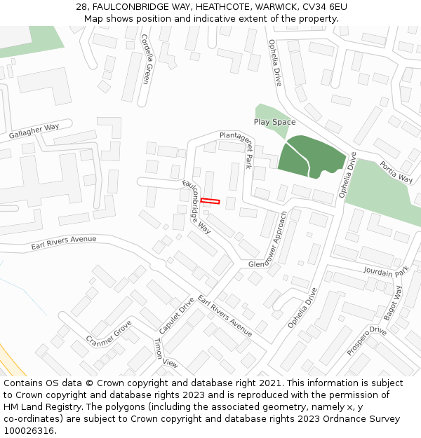 28, FAULCONBRIDGE WAY, HEATHCOTE, WARWICK, CV34 6EU: Location map and indicative extent of plot