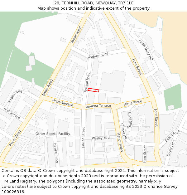 28, FERNHILL ROAD, NEWQUAY, TR7 1LE: Location map and indicative extent of plot