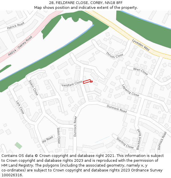 28, FIELDFARE CLOSE, CORBY, NN18 8FF: Location map and indicative extent of plot