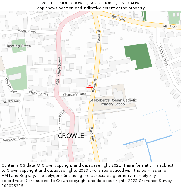 28, FIELDSIDE, CROWLE, SCUNTHORPE, DN17 4HW: Location map and indicative extent of plot