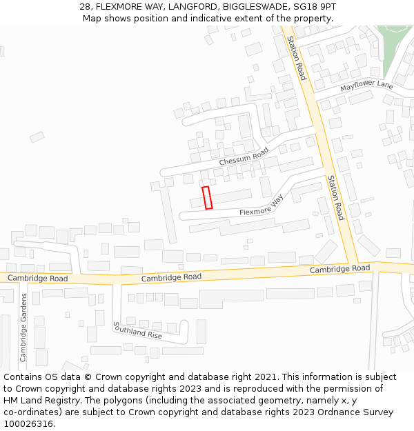 28, FLEXMORE WAY, LANGFORD, BIGGLESWADE, SG18 9PT: Location map and indicative extent of plot