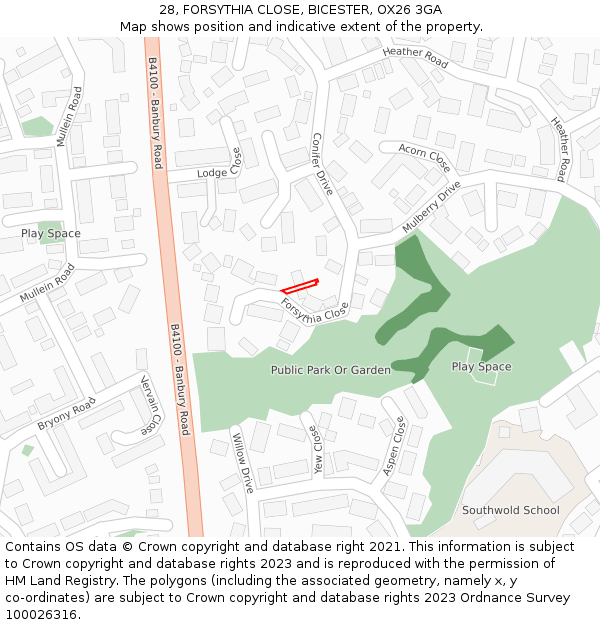 28, FORSYTHIA CLOSE, BICESTER, OX26 3GA: Location map and indicative extent of plot