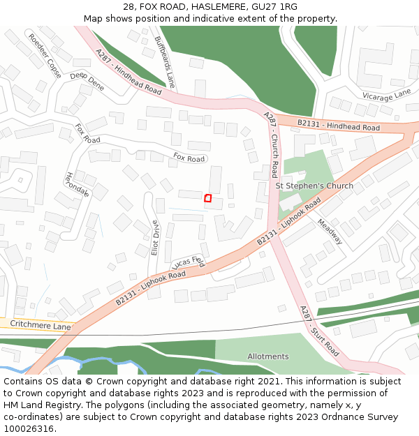 28, FOX ROAD, HASLEMERE, GU27 1RG: Location map and indicative extent of plot