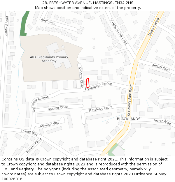 28, FRESHWATER AVENUE, HASTINGS, TN34 2HS: Location map and indicative extent of plot