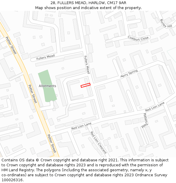28, FULLERS MEAD, HARLOW, CM17 9AR: Location map and indicative extent of plot