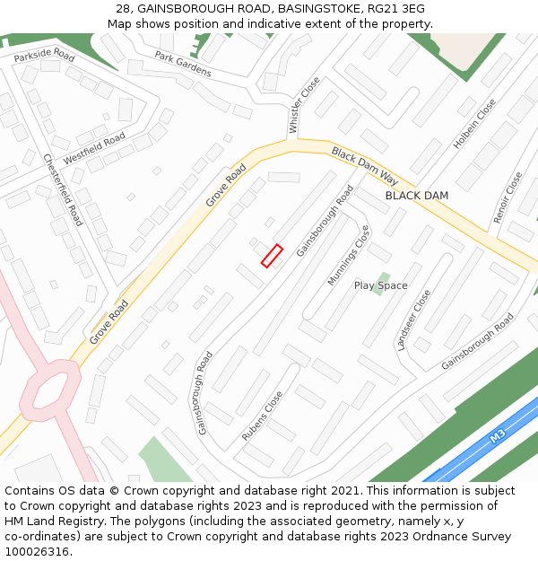 28, GAINSBOROUGH ROAD, BASINGSTOKE, RG21 3EG: Location map and indicative extent of plot