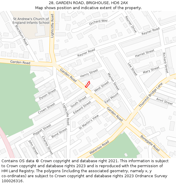 28, GARDEN ROAD, BRIGHOUSE, HD6 2AX: Location map and indicative extent of plot