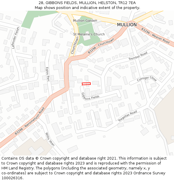 28, GIBBONS FIELDS, MULLION, HELSTON, TR12 7EA: Location map and indicative extent of plot
