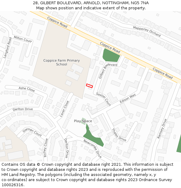 28, GILBERT BOULEVARD, ARNOLD, NOTTINGHAM, NG5 7NA: Location map and indicative extent of plot