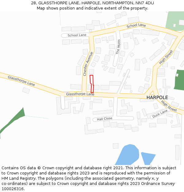 28, GLASSTHORPE LANE, HARPOLE, NORTHAMPTON, NN7 4DU: Location map and indicative extent of plot